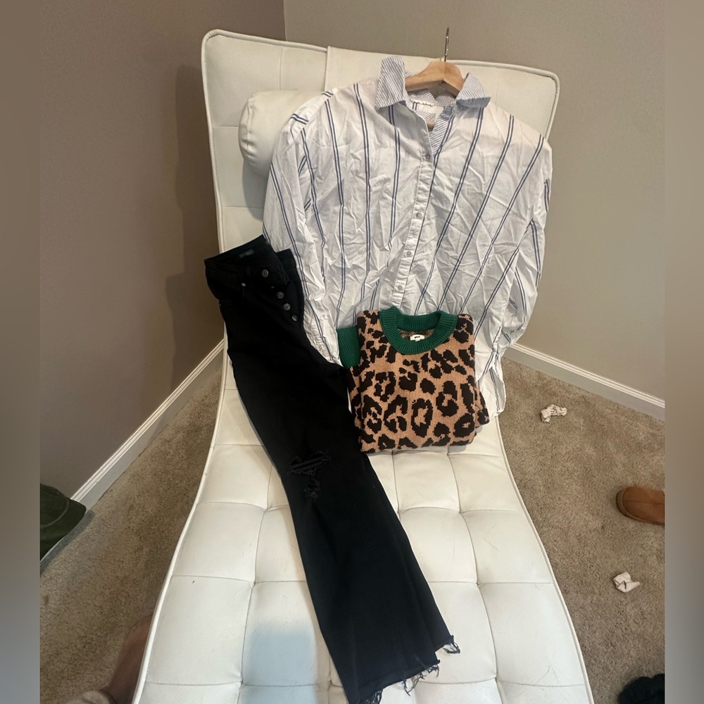 Striped Shirt and Leopard Sweater with Black Pants